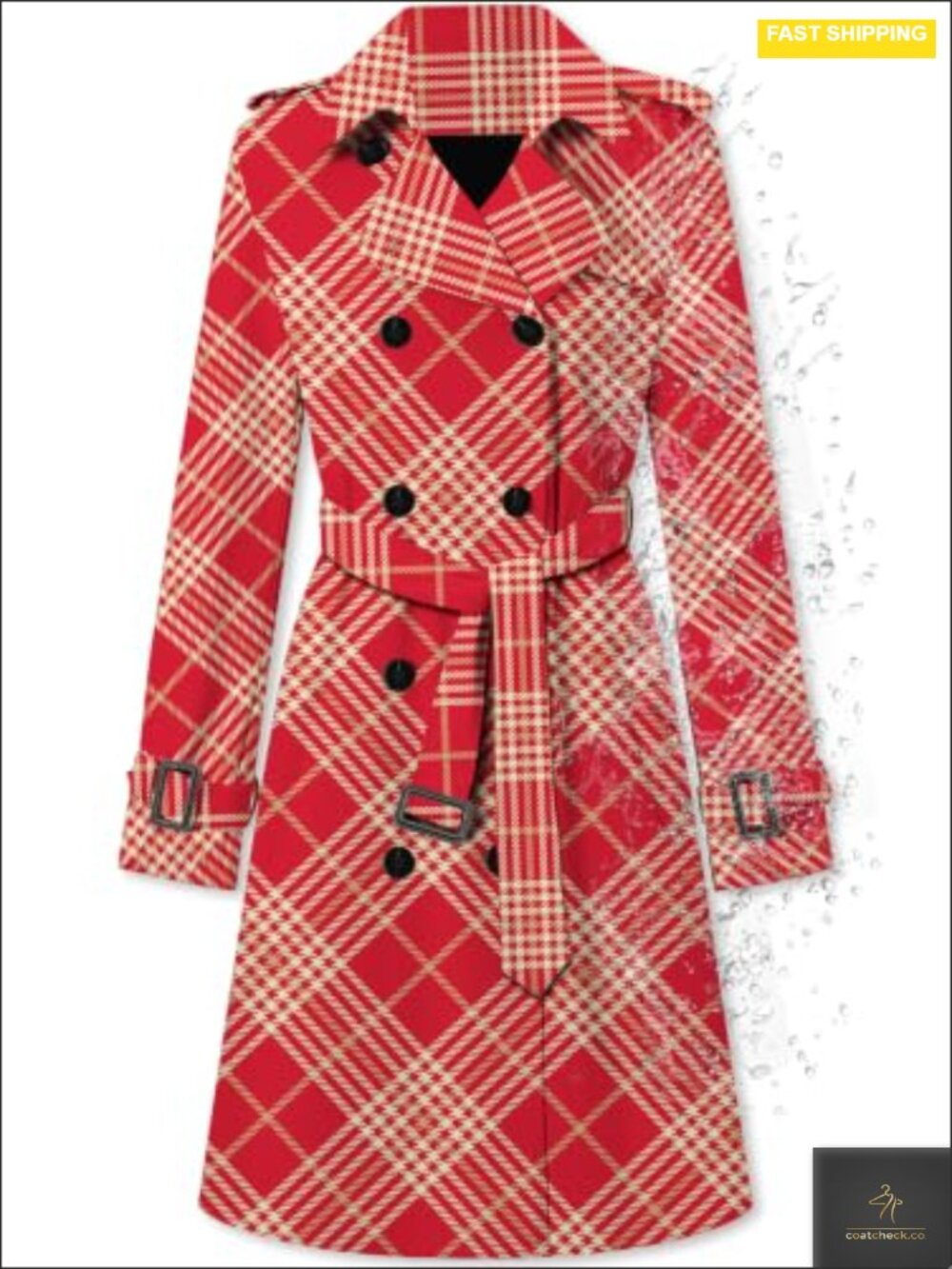 Water-Rept Double Breasted Belted Trench Coat Long Sleeve With Removable Belt